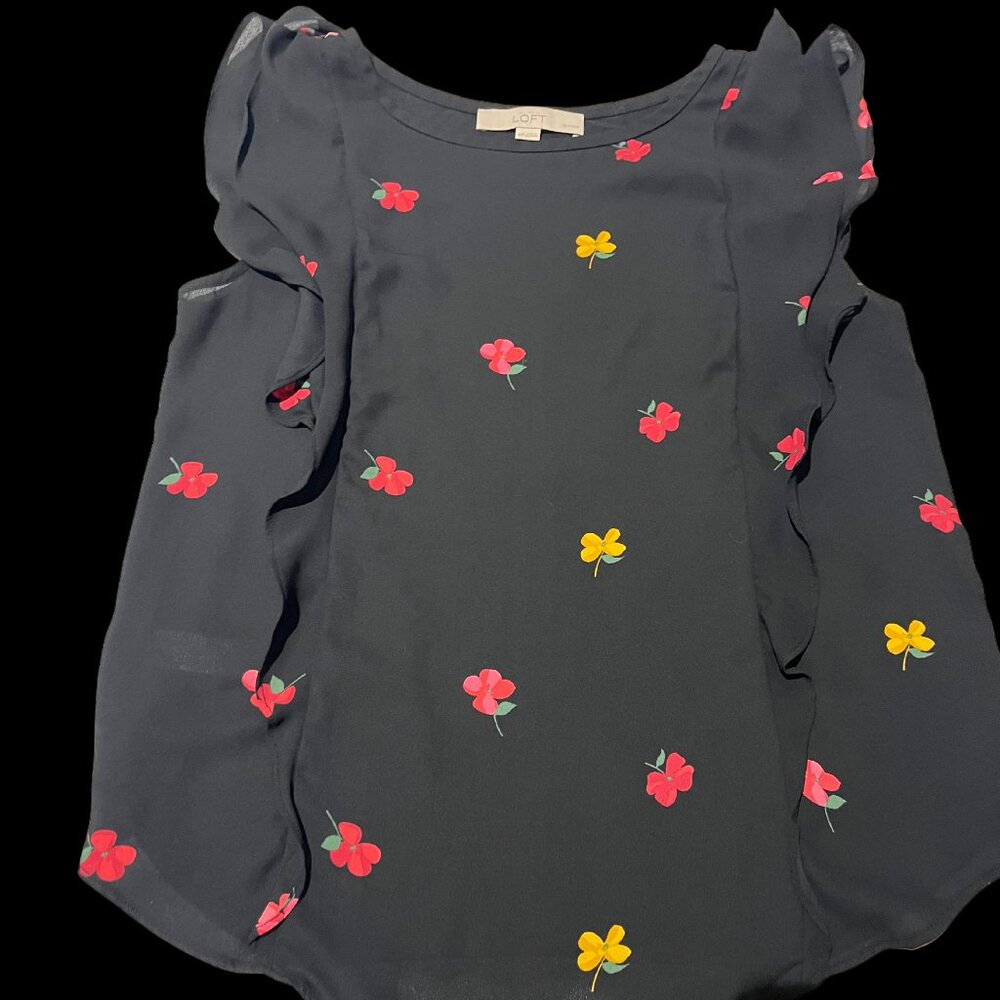 LOFT Ann Taylor Petite XSP Black Floral Ruffle Blouse – Red & Yellow Flowers